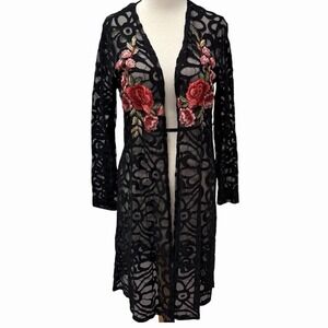 The Line Of Style Size Large Black Lace Floral Patterned Negligee Robe